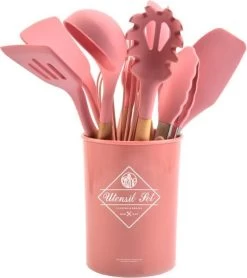 Keukenbarbecue 28 12-delige Itagala Siliconen Keukengerei Set Met Koker |Anti Aanbak | Hoge Kwaliteit Kookgerei Met Houten Handvatten | Pink | BPA En Kras Vrij