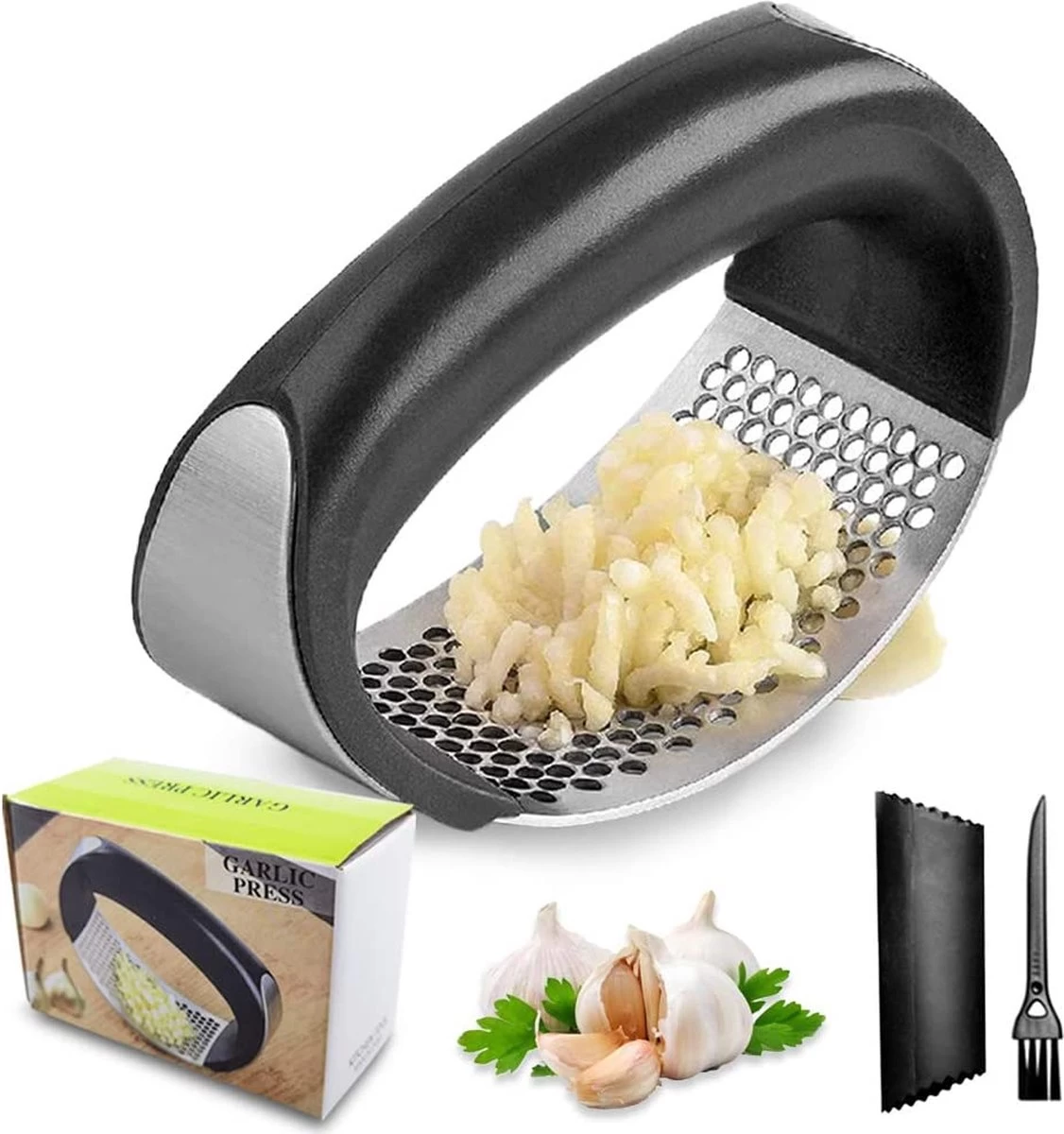 Merkloos Knoflookpers/Gemberpers - Vaatwasser Bestendig - Met Gratis Borstel & Siliconen Peller 3 Merkloos Knoflookpers/Gemberpers - Vaatwasser Bestendig - Met Gratis Borstel & Siliconen Peller