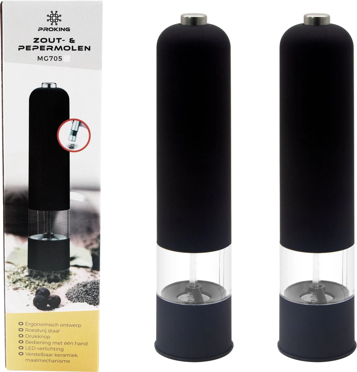 PROKING Elektrische Pepermolen En Zoutmolen – Pepermolen – Zoutmolen – Verstelbaar – Zwart – Elektrisch – Set Van 2 6 PROKING Elektrische Pepermolen En Zoutmolen – Pepermolen – Zoutmolen – Verstelbaar – Zwart – Elektrisch – Set Van 2 - Afbeelding 4