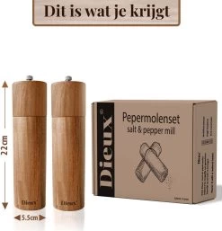 Dieux® - Peper En Zoutmolen Set - Cilinder Vorm - 22CM - Zout Peper Kruiden - 2 Stuks - Acacia Hout - Instelbare Maalgraad - Duurzaam - Luxe Kwaliteit - Hervulbaar - Pepermolen - Zoutmolen - BBQ Accesoires - Pasen -Keukenbarbecue 1152x1200 12