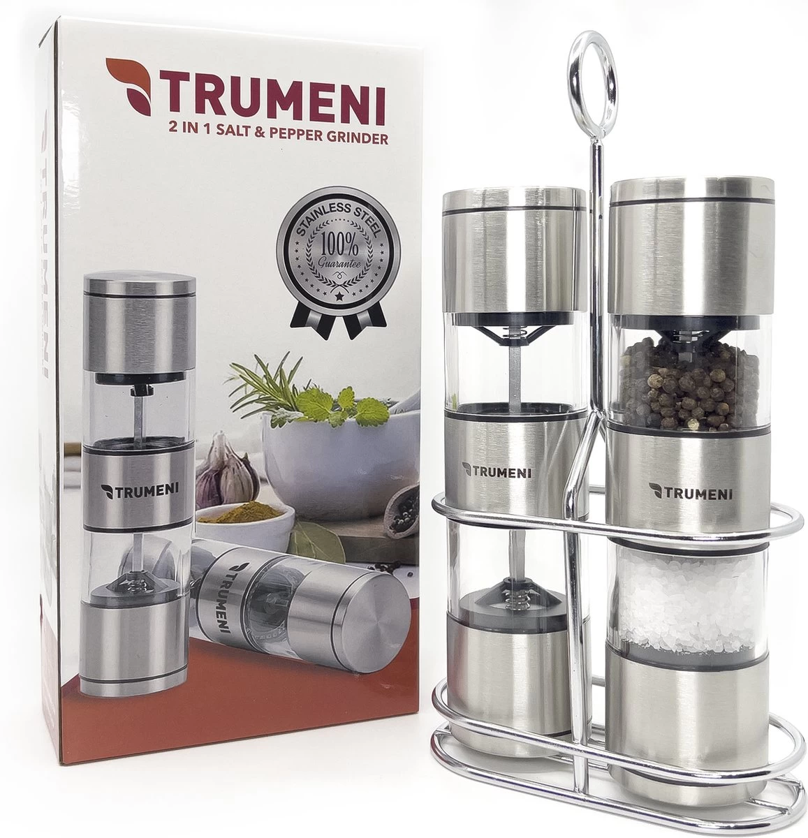 TRUMENI Dubbelzijdige Peper En Zoutmolen Set Inclusief Houder - Handmatige Pepermolen Met Instelbare Maalgraad - 2 Stuks Kruidenmolens 4 TRUMENI Dubbelzijdige Peper En Zoutmolen Set Inclusief Houder - Handmatige Pepermolen Met Instelbare Maalgraad - 2 Stuks Kruidenmolens - Afbeelding 2