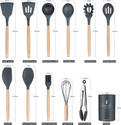 IGOODS - Keukengerei Sets Siliconen - 12-Delig Kookgerei Sets - Siliconen Inclusief Gebruiksvoorwerpen Houders - Antikleef Anti-Kras Kookgerei - Keukengereedschap Met Houten Handvat -Donker Grijs -Keukenbarbecue 1164x1200 1