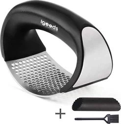 Igoods Knoflookpers/Gemberpers - Vaatwasser Bestendig - Met Borstel & Siliconen Peller