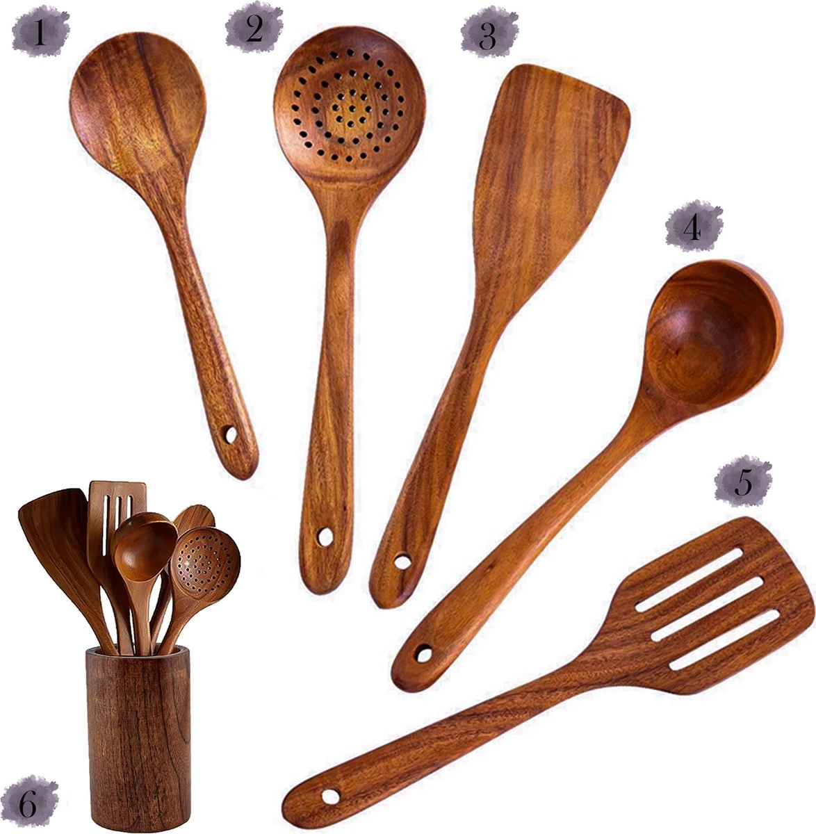 Luverno® - Keukengerei Set - 6 Delig - Teakhout - Keukenset - Keukengerei - Keukengerei Set Met Houder - Keukengerei Houder - Spatelpot - Bruin 8 Luverno® - Keukengerei Set - 6 Delig - Teakhout - Keukenset - Keukengerei - Keukengerei Set Met Houder - Keukengerei Houder - Spatelpot - Bruin - Afbeelding 6