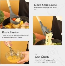 IGOODS - Keukengerei Sets Siliconen - 12-Delig Kookgerei Sets - Siliconen Inclusief Gebruiksvoorwerpen Houders - Antikleef Anti-Kras Kookgerei - Keukengereedschap Met Houten Handvat -Donker Grijs -Keukenbarbecue 1179x1200 4