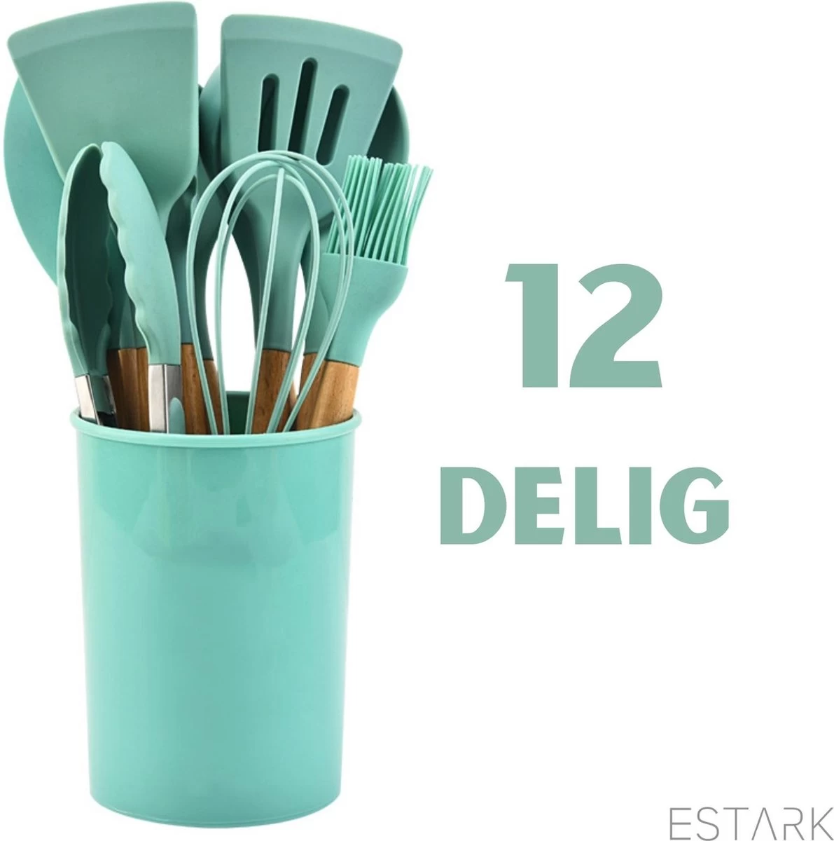 ESTARK® Keukengerei Set - Keukengerei Houder - Keukengerei Set Met Houder - 12 Delig - Antraciet Zwart - Houten Steel - Siliconen - Kerstcadeau - Pastalepel - Spatel Voor Beslag - Open Spatel - Grote Lepel - Open Lepel - Soeplepel - Keuken Spatels 12 6 ESTARK® Keukengerei Set - Keukengerei Houder - Keukengerei Set Met Houder - 12 Delig - Antraciet Zwart - Houten Steel - Siliconen - Kerstcadeau - Pastalepel - Spatel Voor Beslag - Open Spatel - Grote Lepel - Open Lepel - Soeplepel - Keuken Spatels 12 - Afbeelding 4