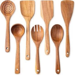 Merkloos Keukenspatels En -lepels Set - 7 Stuks - Teakhout - Handwerk, Krasbestendig, Duurzaam