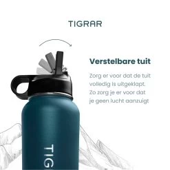 Tigrar - Waterfles - Drinkfles - Thermosfles 1 Liter Dubbelwandig - RVS - (Staal) Blauw - Incl. Extra Dop 3 Rietjes En Reiniger -Keukenbarbecue 1198x1200