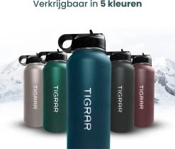 Tigrar - Waterfles - Drinkfles - Thermosfles 1 Liter Dubbelwandig - RVS - (Staal) Blauw - Incl. Extra Dop 3 Rietjes En Reiniger -Keukenbarbecue 1200x1021
