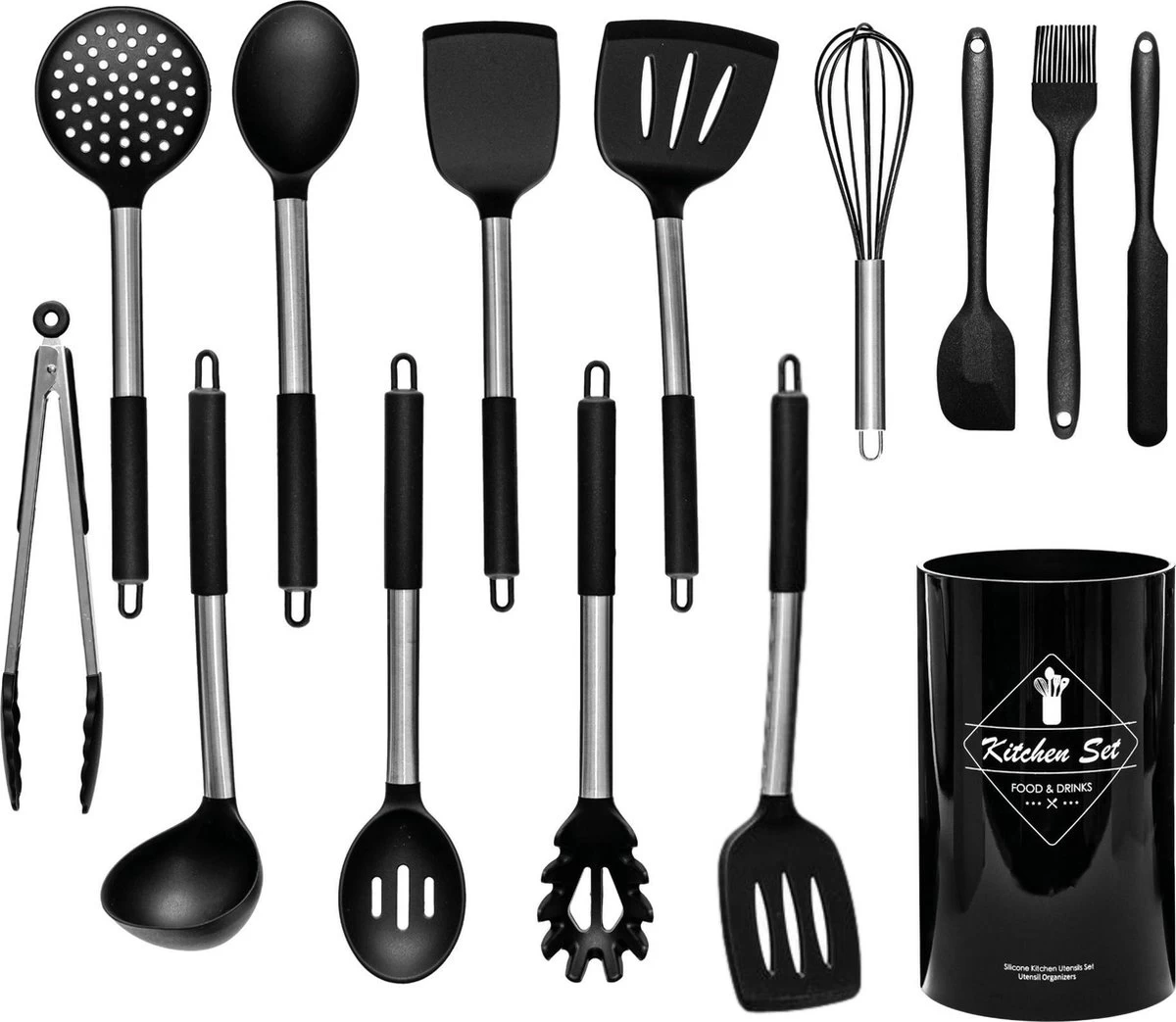 Keukengerei Set Met Houder 14 Delig - Hittebestendig / BPA Vrij / Siliconen - Keuken Gerei - Keukenset 3 Keukengerei Set Met Houder 14 Delig - Hittebestendig / BPA Vrij / Siliconen - Keuken Gerei - Keukenset