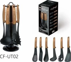 Cheffinger Kookgerei – Hout – Keukengerei – 7-delige Keukengerei Set Met Standaard