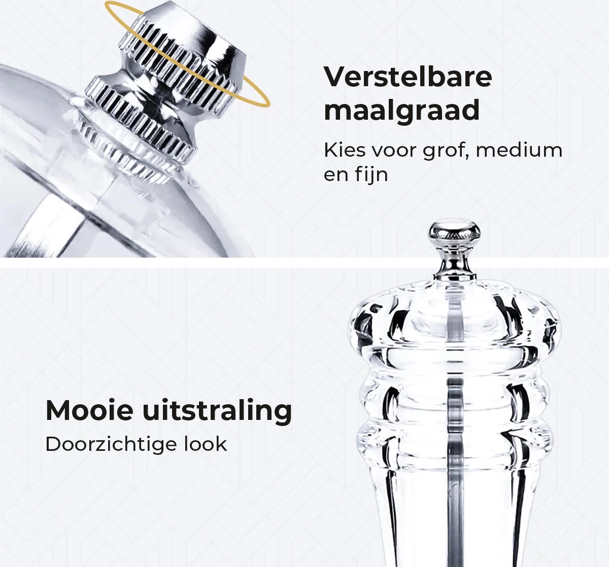 101Products Peper- & Zoutmolen Set - Acryl - Transparant - Verstelbare Maalgraad - Zeezout én Kruidenmixes 6 101Products Peper- & Zoutmolen Set - Acryl - Transparant - Verstelbare Maalgraad - Zeezout én Kruidenmixes - Afbeelding 4