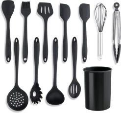 Vivid Green 13-delige Siliconen Keukengerei Set Met Houder - Kookgerei Set - Keuken Gerei - Hittebestendig / BPA - Zwart