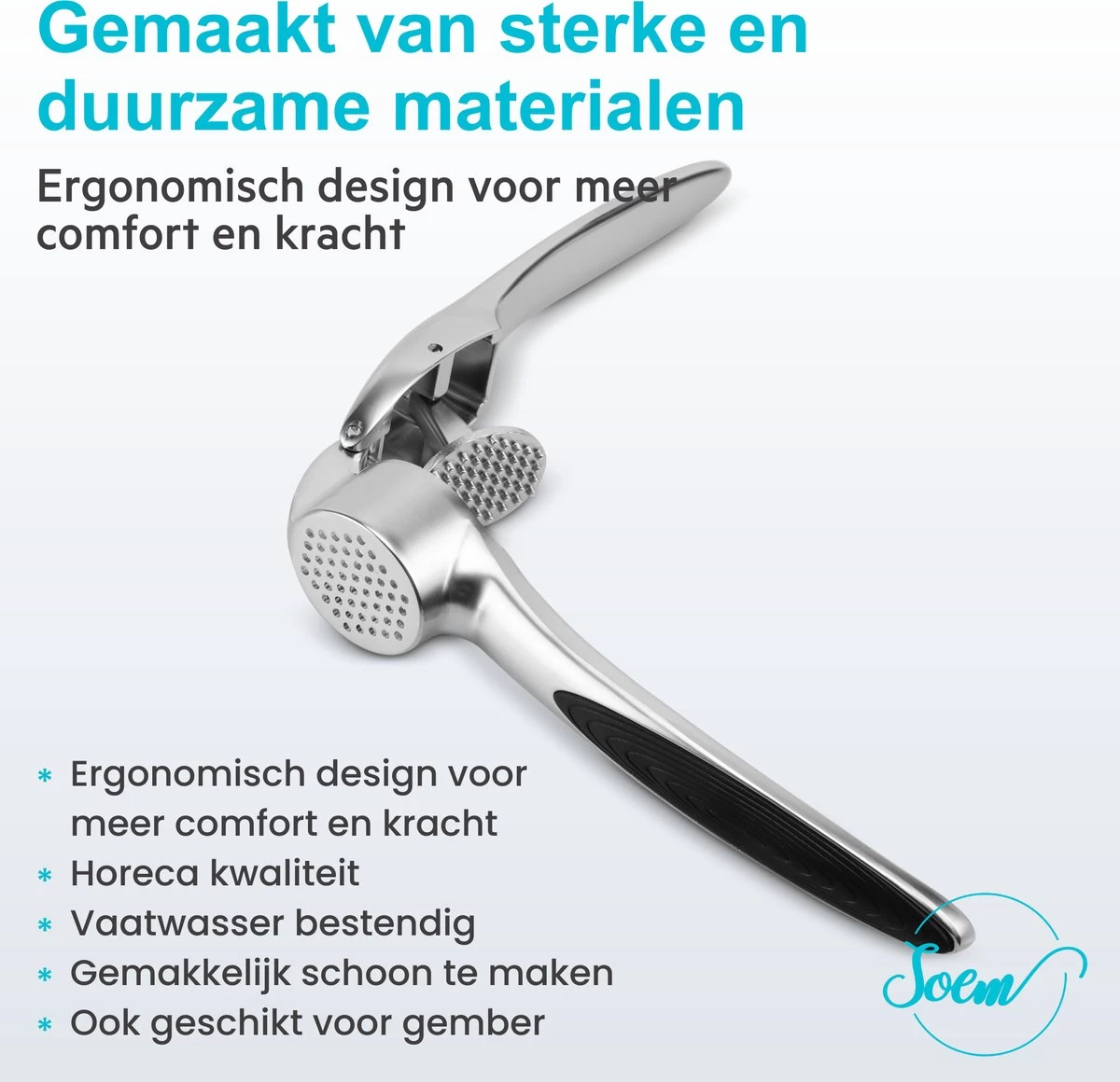 SOEM© Knoflookpers Met Ergonomische Handgreep Ook Geschikt Voor Gember - RVS - Horeca Kwaliteit - Ovaal 5 SOEM© Knoflookpers Met Ergonomische Handgreep Ook Geschikt Voor Gember - RVS - Horeca Kwaliteit - Ovaal - Afbeelding 3