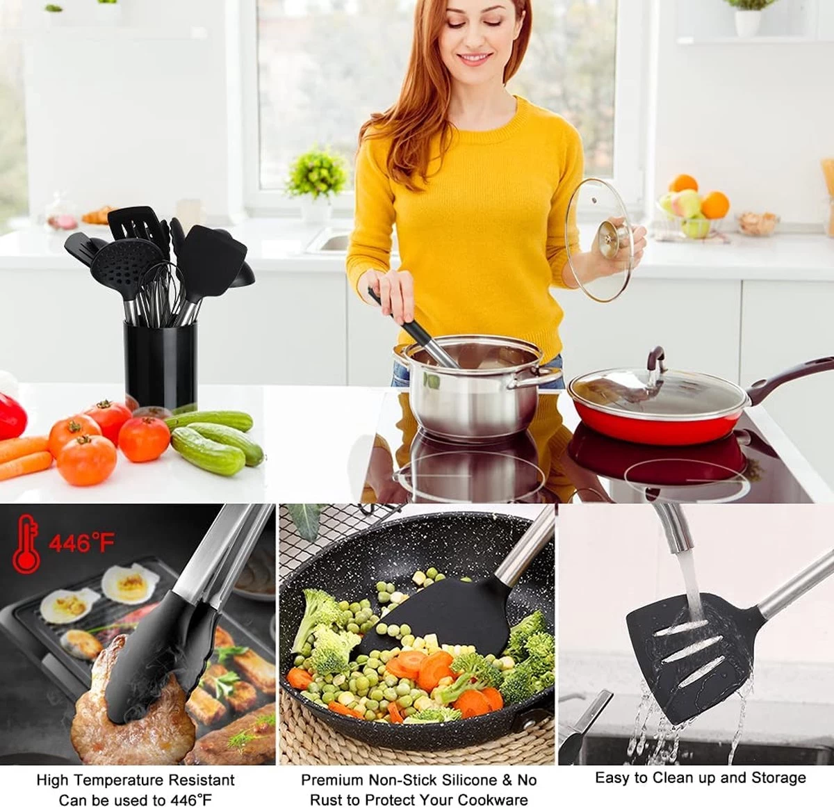 Merkloos Keukengerei Set Met Houder 12-delig - Siliconen – Ophangbaar - Antiaanbak Laag – Hittebestendig En BPA Vrij - Zwart 10 Merkloos Keukengerei Set Met Houder 12-delig - Siliconen – Ophangbaar - Antiaanbak Laag – Hittebestendig En BPA Vrij - Zwart - Afbeelding 8