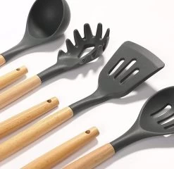 IGOODS - Keukengerei Sets Siliconen - 12-Delig Kookgerei Sets - Siliconen Inclusief Gebruiksvoorwerpen Houders - Antikleef Anti-Kras Kookgerei - Keukengereedschap Met Houten Handvat -Donker Grijs -Keukenbarbecue 1200x1166 3