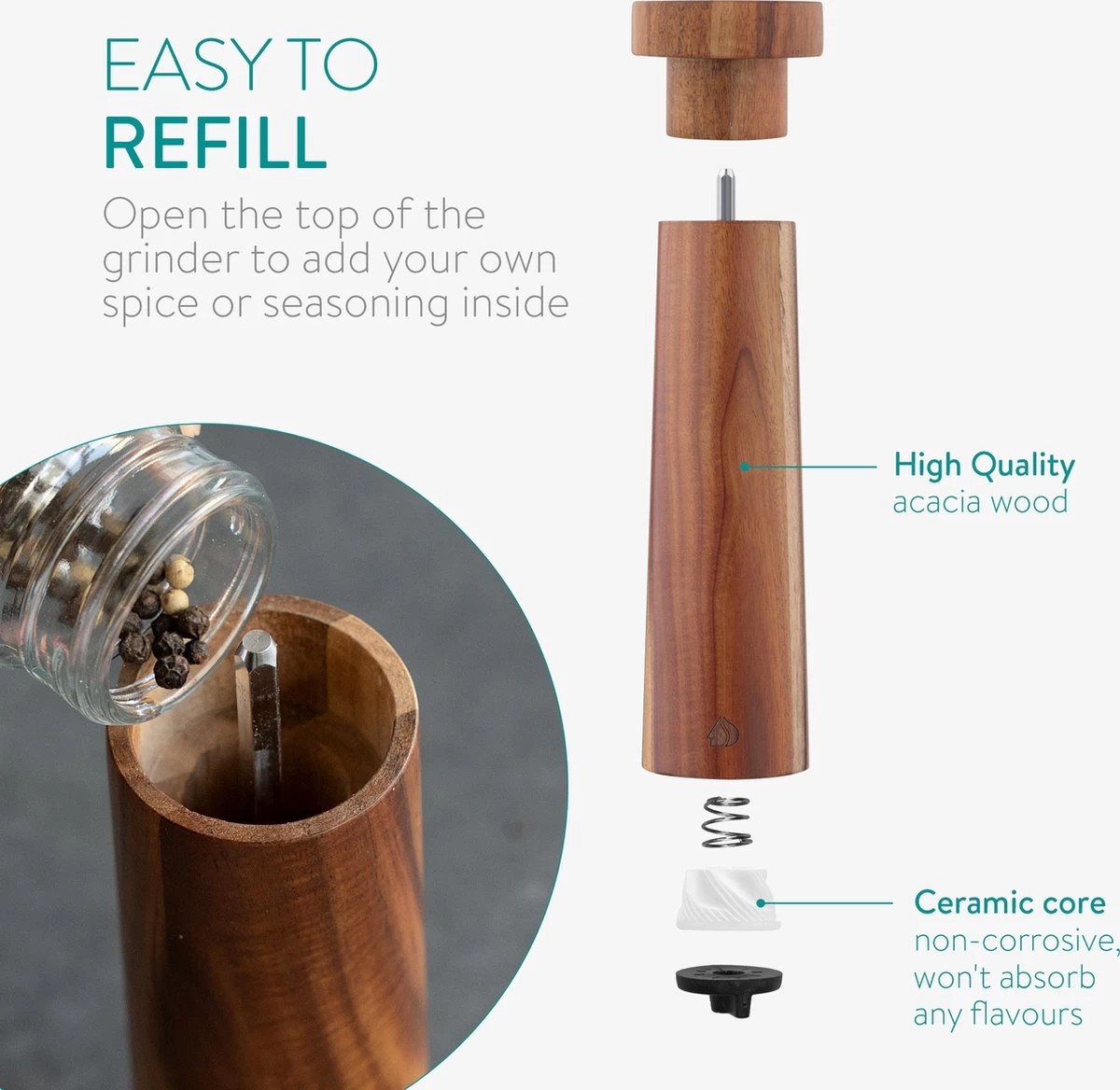Navaris Zout En Pepermolen Set - Handmatige Molen Met Instelbaar Keramisch Maalwerk - Navulbaar En Duurzaam - Gemaakt Van Acaciahout 4 Navaris Zout En Pepermolen Set - Handmatige Molen Met Instelbaar Keramisch Maalwerk - Navulbaar En Duurzaam - Gemaakt Van Acaciahout - Afbeelding 2