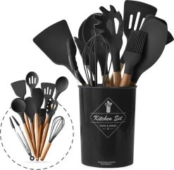 Keukengerei Set Met Houder - Kookgerei Set Spatel Pot - Keukengerei Keukenset - 12 Delige Zwart Hout