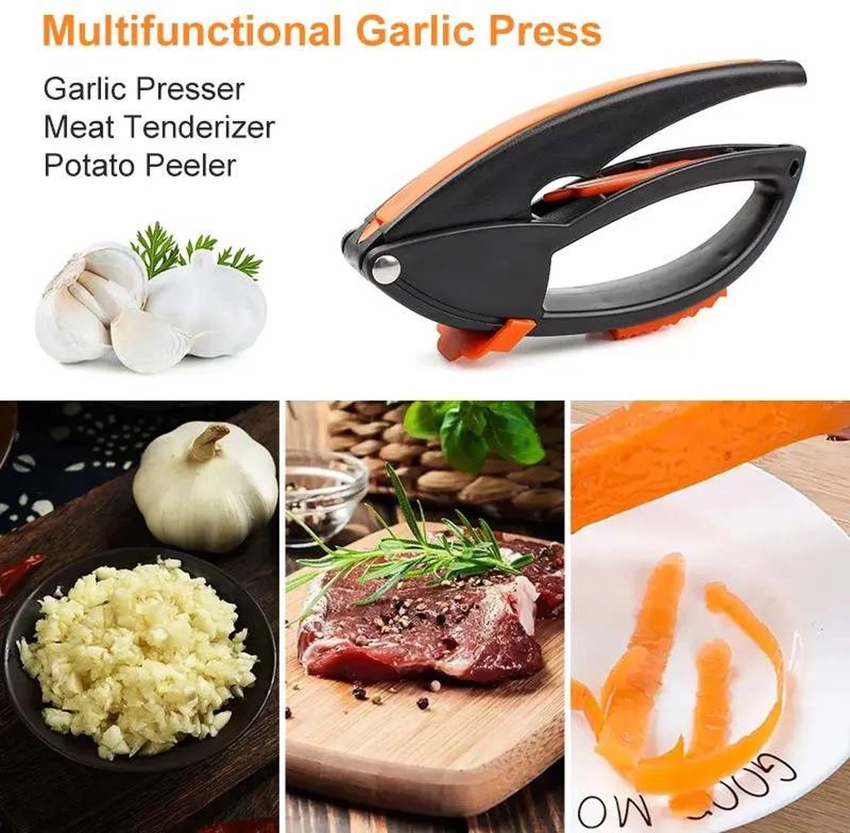 Merkloos Knoflookpers/Aardappel Schiller/Vlees Hamer - 3 In 1 - Vaatwasser Bestendig - Zwart/Oranje 3 Merkloos Knoflookpers/Aardappel Schiller/Vlees Hamer - 3 In 1 - Vaatwasser Bestendig - Zwart/Oranje