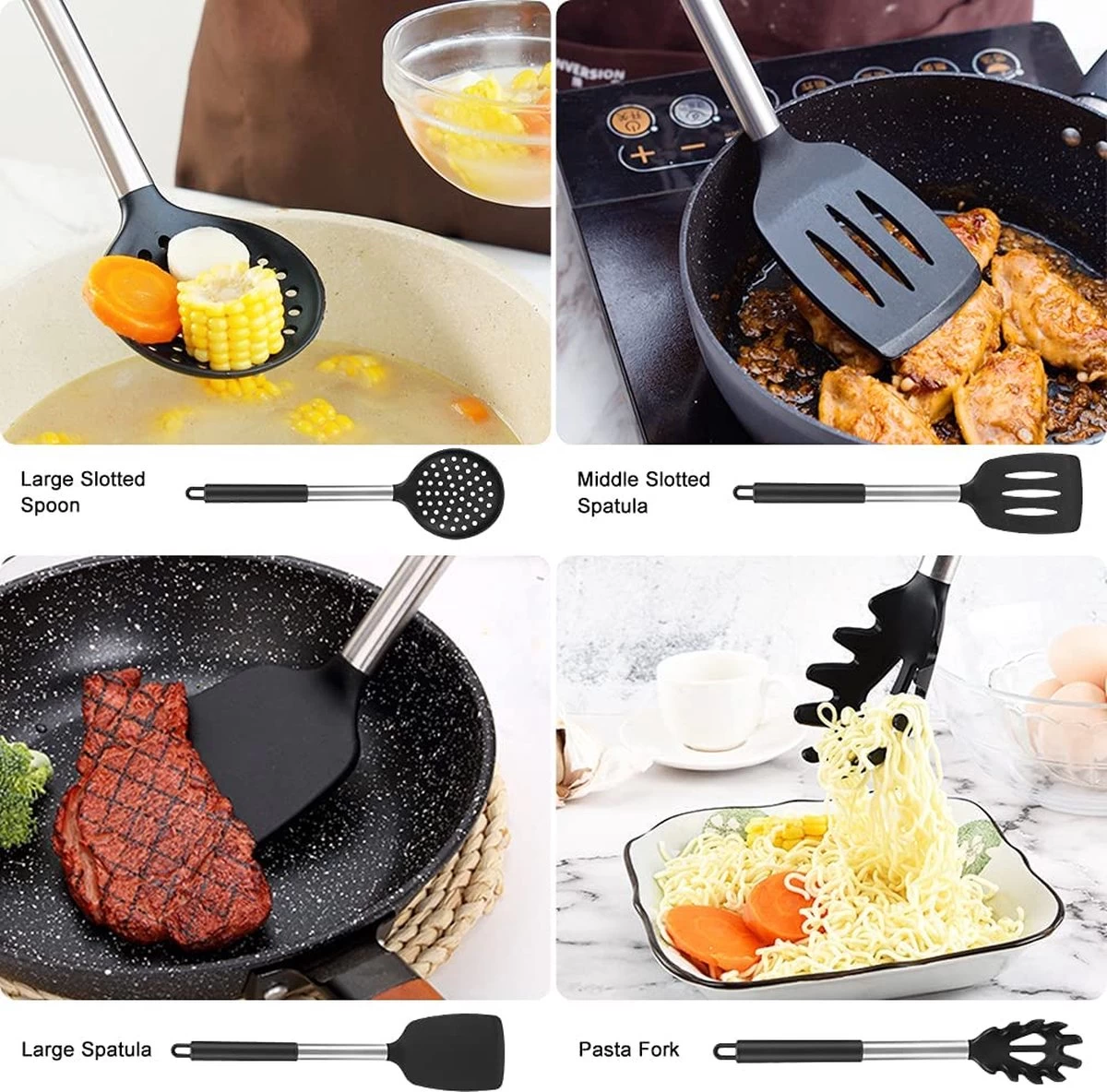 Merkloos Keukengerei Set Met Houder 12-delig - Siliconen – Ophangbaar - Antiaanbak Laag – Hittebestendig En BPA Vrij - Zwart 8 Merkloos Keukengerei Set Met Houder 12-delig - Siliconen – Ophangbaar - Antiaanbak Laag – Hittebestendig En BPA Vrij - Zwart - Afbeelding 6