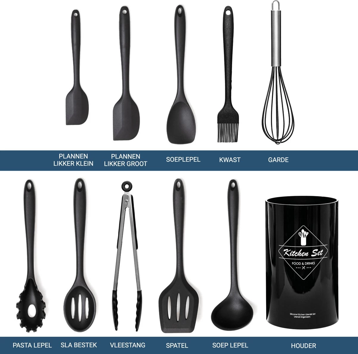 Keukengerei Set 11 Delig - Hittebestendig / BPA Vrij / Siliconen - Kookgerei Met Houder 4 Keukengerei Set 11 Delig - Hittebestendig / BPA Vrij / Siliconen - Kookgerei Met Houder - Afbeelding 2