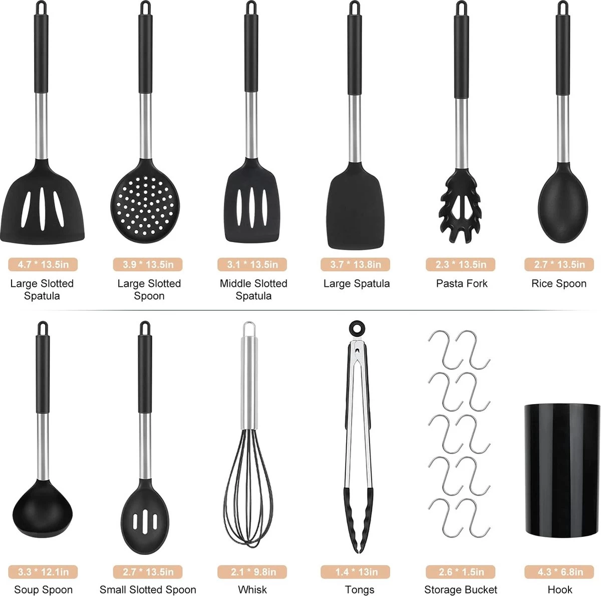 Merkloos Keukengerei Set Met Houder 12-delig - Siliconen – Ophangbaar - Antiaanbak Laag – Hittebestendig En BPA Vrij - Zwart 4 Merkloos Keukengerei Set Met Houder 12-delig - Siliconen – Ophangbaar - Antiaanbak Laag – Hittebestendig En BPA Vrij - Zwart - Afbeelding 2