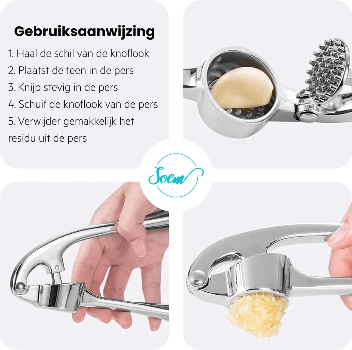 SOEM© Knoflookpers Met Ergonomische Handgreep Ook Geschikt Voor Gember - RVS - Horeca Kwaliteit - Ovaal 9 SOEM© Knoflookpers Met Ergonomische Handgreep Ook Geschikt Voor Gember - RVS - Horeca Kwaliteit - Ovaal - Afbeelding 7