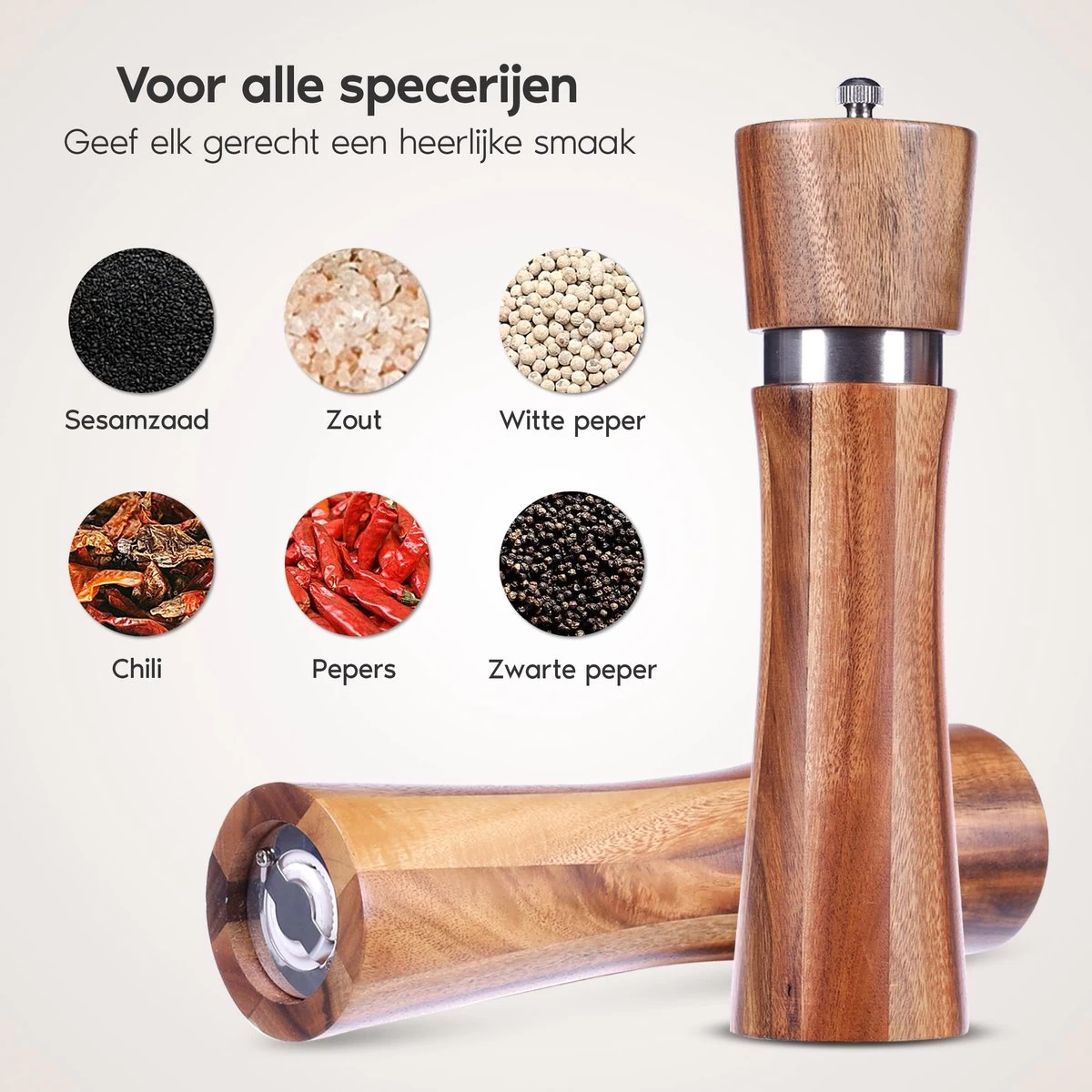 Luxe Peper En Zoutmolen Set - Pepermolen - Acacia Hout - RVS - 21cm 4 Luxe Peper En Zoutmolen Set - Pepermolen - Acacia Hout - RVS - 21cm - Afbeelding 2