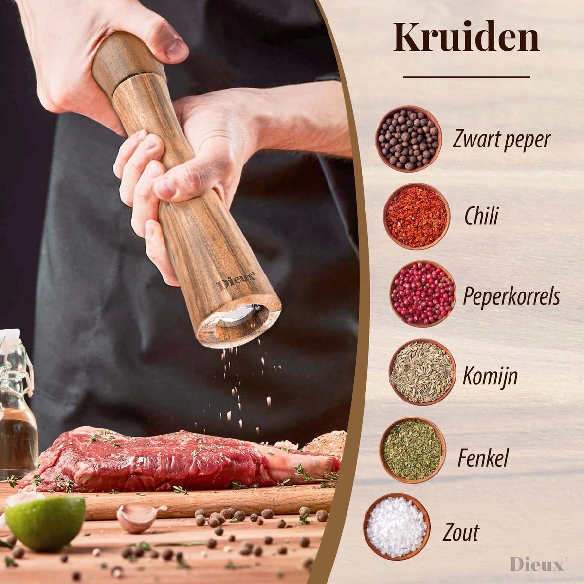 Dieux® - Peper En Zoutmolen Set - 27CM - Zout Peper Kruiden - 2 Stuks - Acacia Hout - Instelbare Maalgraad - Duurzaam - Luxe Kwaliteit - Hervulbaar - Pepermolen - Zoutmolen - Barbecue - BBQ Accesoires - Pasen 4 Dieux® - Peper En Zoutmolen Set - 27CM - Zout Peper Kruiden - 2 Stuks - Acacia Hout - Instelbare Maalgraad - Duurzaam - Luxe Kwaliteit - Hervulbaar - Pepermolen - Zoutmolen - Barbecue - BBQ Accesoires - Pasen - Afbeelding 2