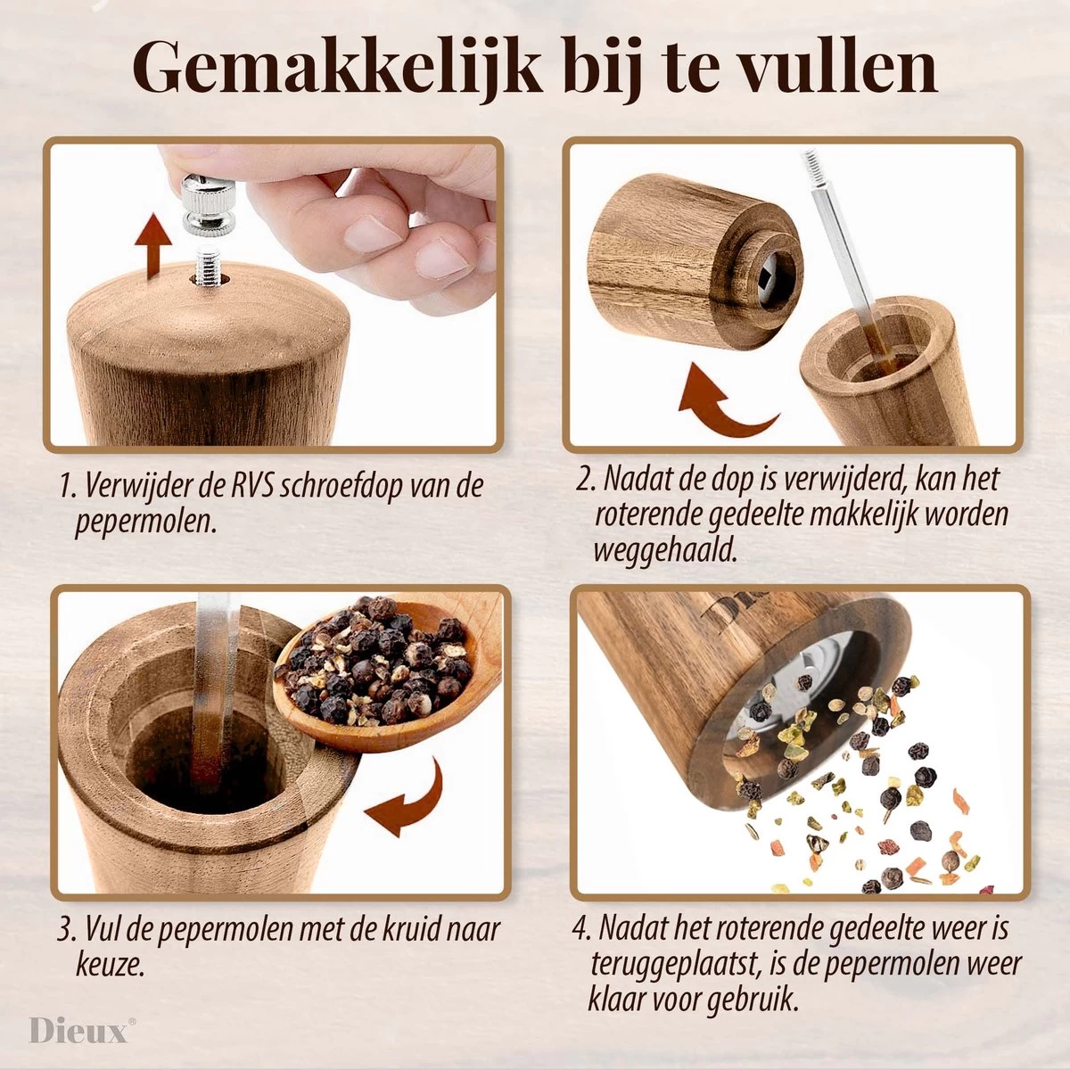 Dieux® - Peper En Zoutmolen Set - 27CM - Zout Peper Kruiden - 2 Stuks - Acacia Hout - Instelbare Maalgraad - Duurzaam - Luxe Kwaliteit - Hervulbaar - Pepermolen - Zoutmolen - Barbecue - BBQ Accesoires - Pasen 7 Dieux® - Peper En Zoutmolen Set - 27CM - Zout Peper Kruiden - 2 Stuks - Acacia Hout - Instelbare Maalgraad - Duurzaam - Luxe Kwaliteit - Hervulbaar - Pepermolen - Zoutmolen - Barbecue - BBQ Accesoires - Pasen - Afbeelding 5