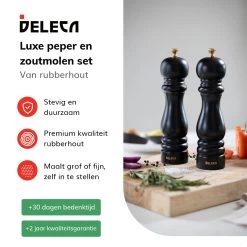 Deleca Luxe Peper En Zoutmolen Set - Met Geschenkdoos - Zout / Pepermolen - Rubberhout - Zwart & Goud -Keukenbarbecue 1200x1200 1168
