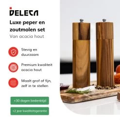 Deleca Luxe Peper En Zoutmolen Set - Zout / Pepermolen - Handmatig - Met Navul Lepel & Geschenkdoos - Acacia Hout - Rond -Keukenbarbecue 1200x1200 1176