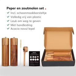 Deleca Luxe Peper En Zoutmolen Set - Zout / Pepermolen - Handmatig - Met Navul Lepel & Geschenkdoos - Acacia Hout - Rond -Keukenbarbecue 1200x1200 1182