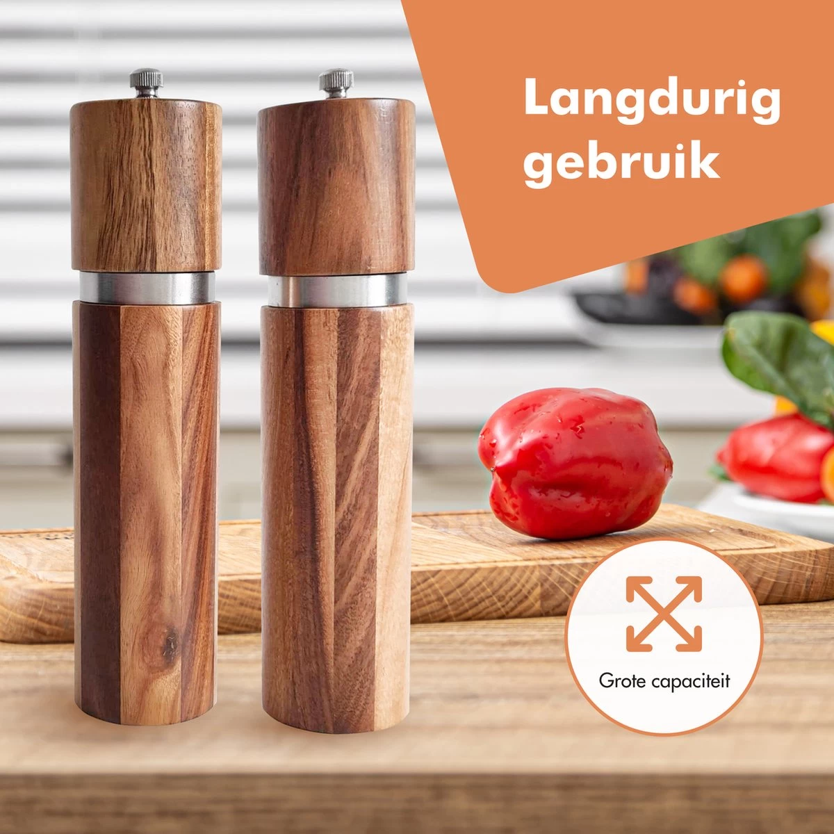 Luxe Peper En Zoutmolen Set - Pepermolen - Acacia Hout - RVS - 21cm Rond 5 Luxe Peper En Zoutmolen Set - Pepermolen - Acacia Hout - RVS - 21cm Rond - Afbeelding 3
