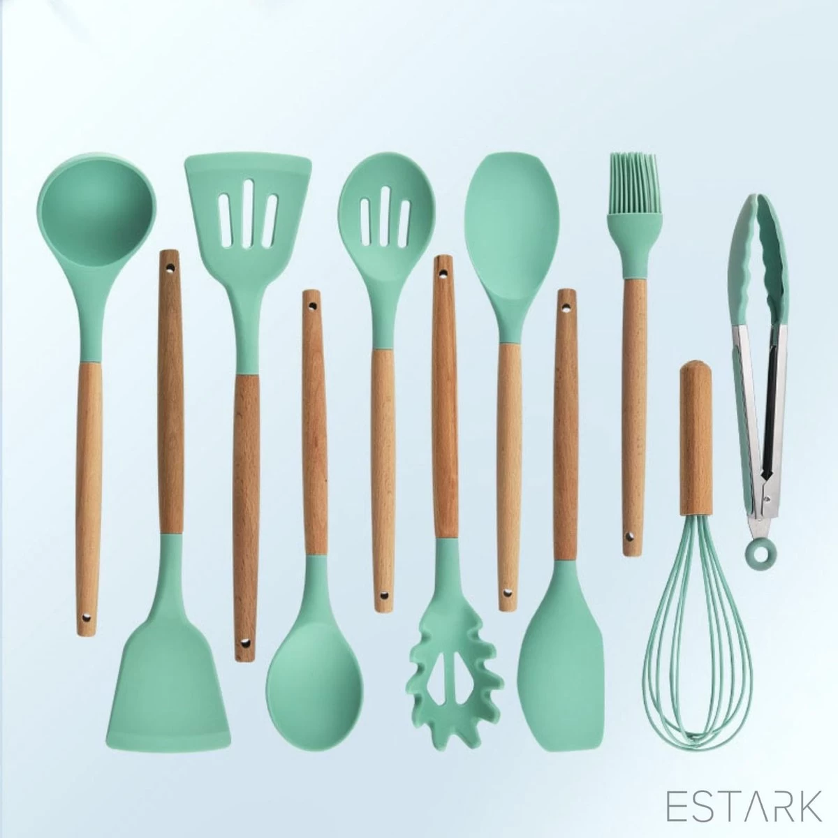 ESTARK® Keukengerei Set - Keukengerei Houder - Keukengerei Set Met Houder - 12 Delig - Antraciet Zwart - Houten Steel - Siliconen - Kerstcadeau - Pastalepel - Spatel Voor Beslag - Open Spatel - Grote Lepel - Open Lepel - Soeplepel - Keuken Spatels 12 4 ESTARK® Keukengerei Set - Keukengerei Houder - Keukengerei Set Met Houder - 12 Delig - Antraciet Zwart - Houten Steel - Siliconen - Kerstcadeau - Pastalepel - Spatel Voor Beslag - Open Spatel - Grote Lepel - Open Lepel - Soeplepel - Keuken Spatels 12 - Afbeelding 2