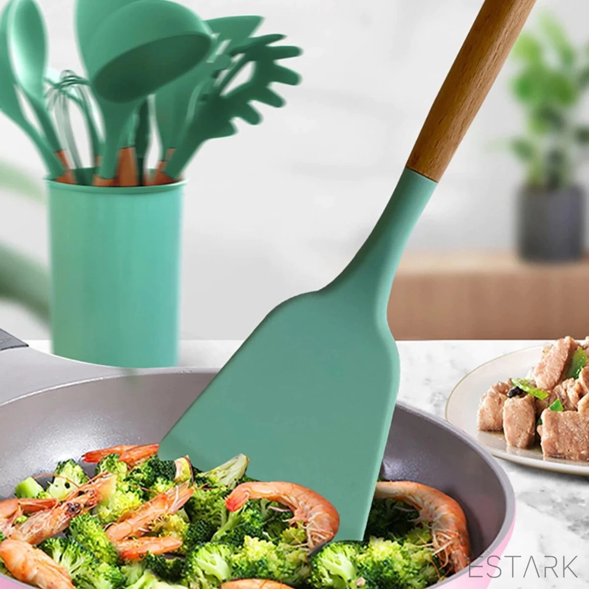 ESTARK® Keukengerei Set - Keukengerei Houder - Keukengerei Set Met Houder - 12 Delig - Antraciet Zwart - Houten Steel - Siliconen - Kerstcadeau - Pastalepel - Spatel Voor Beslag - Open Spatel - Grote Lepel - Open Lepel - Soeplepel - Keuken Spatels 12 5 ESTARK® Keukengerei Set - Keukengerei Houder - Keukengerei Set Met Houder - 12 Delig - Antraciet Zwart - Houten Steel - Siliconen - Kerstcadeau - Pastalepel - Spatel Voor Beslag - Open Spatel - Grote Lepel - Open Lepel - Soeplepel - Keuken Spatels 12 - Afbeelding 3