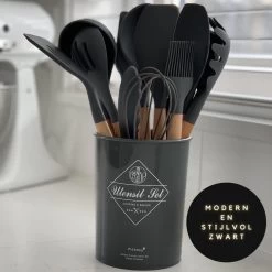 Keukengerei Set - Keukengerei Houder - Keukengerei Set Met Houder - 12 Delig - Antraciet Zwart - Houten Steel - Siliconen - Kerstcadeau - Fienosa -Keukenbarbecue 1200x1200 1293