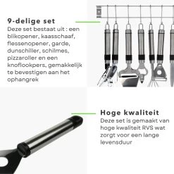 Cheqo® Ophangbare Keukengerei - RVS Keukengerei Met Houder - Keukenset Muurhouder - Ophangrek Met Haken - Met Blikopener - Kaasschaaf - Garde - Flessenopener - Dunschiller - Schilmes - Pizzaroller - Knoflookpers - 9 Delig -Keukenbarbecue 1200x1200 1297