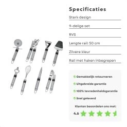 Cheqo® Ophangbare Keukengerei - RVS Keukengerei Met Houder - Keukenset Muurhouder - Ophangrek Met Haken - Met Blikopener - Kaasschaaf - Garde - Flessenopener - Dunschiller - Schilmes - Pizzaroller - Knoflookpers - 9 Delig -Keukenbarbecue 1200x1200 1298