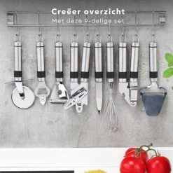 Cheqo® Ophangbare Keukengerei - RVS Keukengerei Met Houder - Keukenset Muurhouder - Ophangrek Met Haken - Met Blikopener - Kaasschaaf - Garde - Flessenopener - Dunschiller - Schilmes - Pizzaroller - Knoflookpers - 9 Delig -Keukenbarbecue 1200x1200 1299