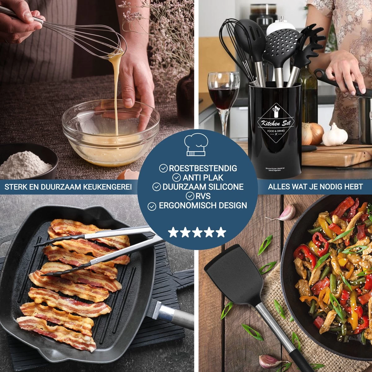 Keukengerei Set Met Houder 14 Delig - Hittebestendig / BPA Vrij / Siliconen - Keuken Gerei - Keukenset 6 Keukengerei Set Met Houder 14 Delig - Hittebestendig / BPA Vrij / Siliconen - Keuken Gerei - Keukenset - Afbeelding 4