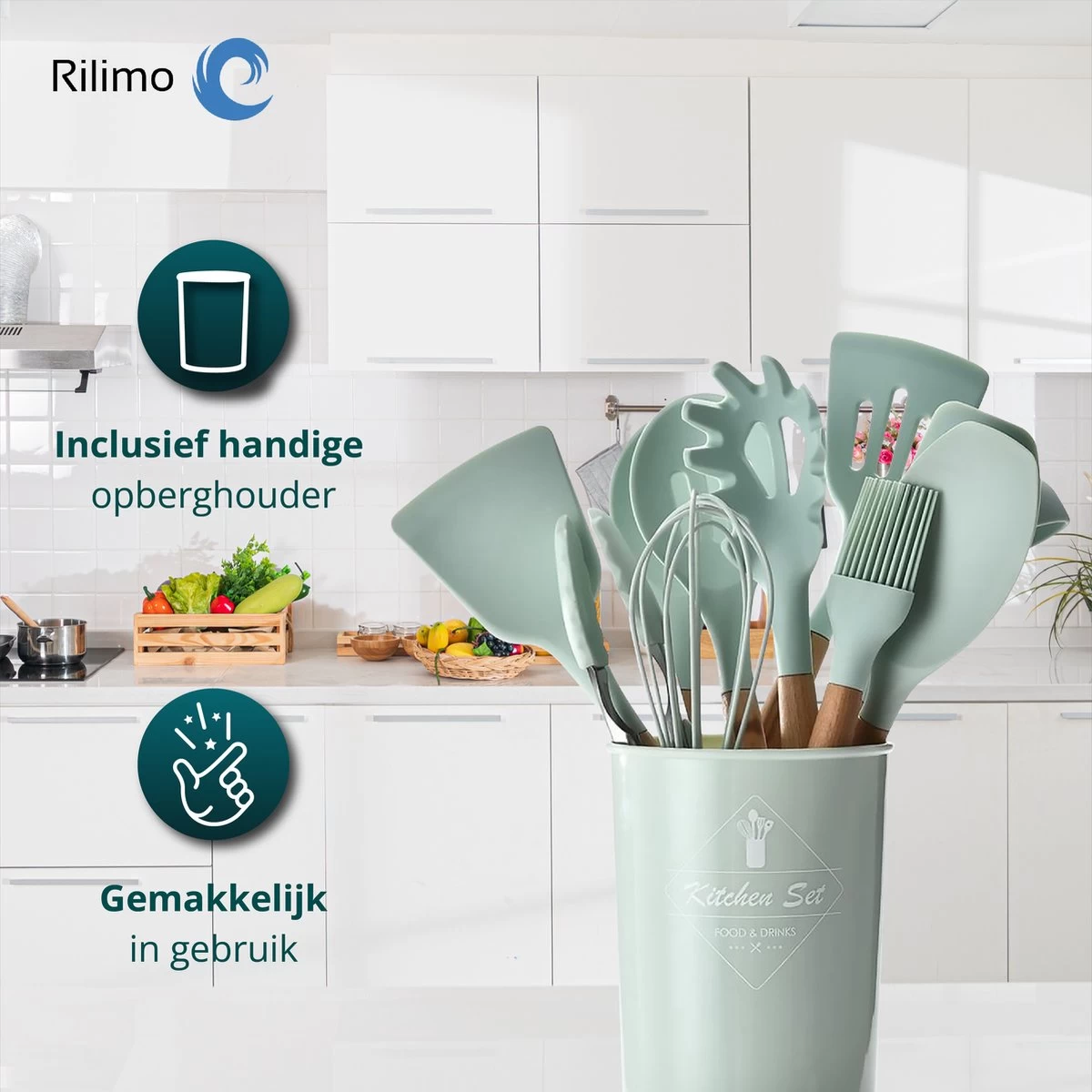Keukengerei Set Met Houder - Kookgerei Set Spatel Pot - Keukengerei Keukenset - 12 Delig Mint Groen 4 Keukengerei Set Met Houder - Kookgerei Set Spatel Pot - Keukengerei Keukenset - 12 Delig Mint Groen - Afbeelding 2