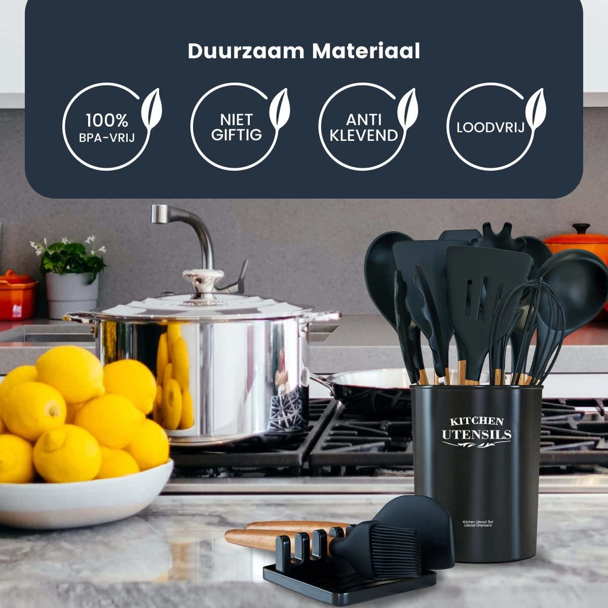 Hescom 34-delige Siliconen Keukengerei Set Met Houder - Kookgerei Set Met Ergonomisch Design - Antraciet Grijs 4 Hescom 34-delige Siliconen Keukengerei Set Met Houder - Kookgerei Set Met Ergonomisch Design - Antraciet Grijs - Afbeelding 2