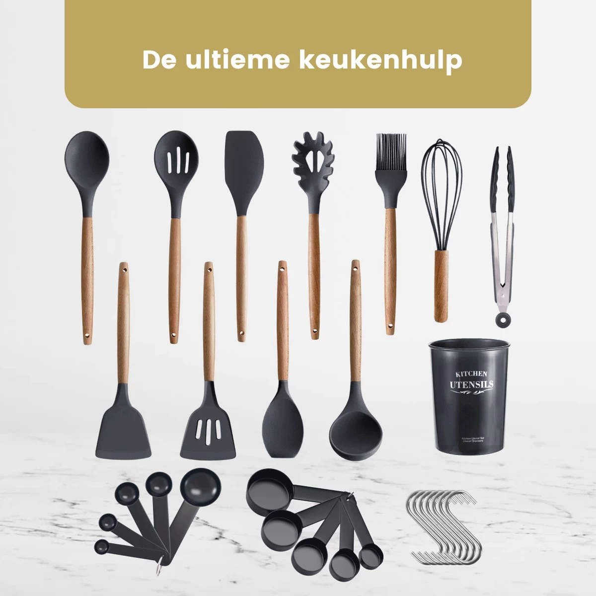 Hescom 34-delige Siliconen Keukengerei Set Met Houder - Kookgerei Set Met Ergonomisch Design - Antraciet Grijs 12 Hescom 34-delige Siliconen Keukengerei Set Met Houder - Kookgerei Set Met Ergonomisch Design - Antraciet Grijs - Afbeelding 10