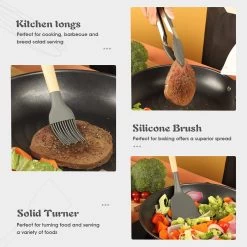 IGOODS - Keukengerei Sets Siliconen - 12-Delig Kookgerei Sets - Siliconen Inclusief Gebruiksvoorwerpen Houders - Antikleef Anti-Kras Kookgerei - Keukengereedschap Met Houten Handvat -Donker Grijs -Keukenbarbecue 1200x1200 1327