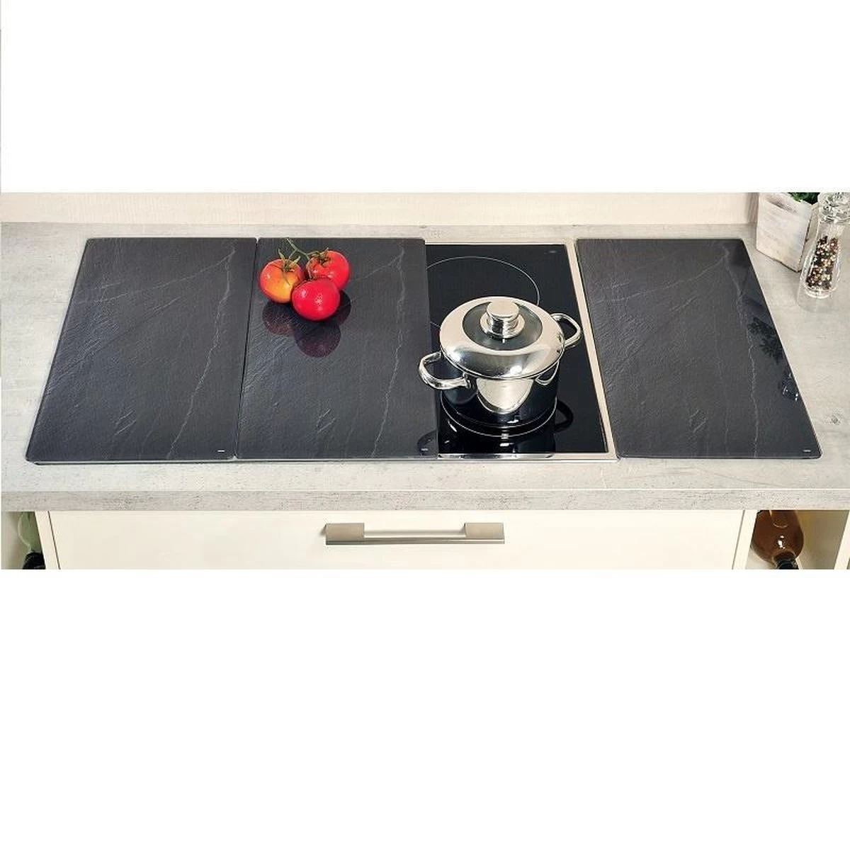 SET Van 3 STUKS Multi Glazen Snijplanken, Gesatineerd Glas | Multiglas Snijplanken Set | Snijplank Keukenblad | Snijplank Van Veiligheidsglas | 2 Kookplaat Afdekplaten | Afmetingen: 52 X 26,4 X 0,8 Cm. | Kleur: LEISTEEN (3 Stuks) 4 SET Van 3 STUKS Multi Glazen Snijplanken, Gesatineerd Glas | Multiglas Snijplanken Set | Snijplank Keukenblad | Snijplank Van Veiligheidsglas | 2 Kookplaat Afdekplaten | Afmetingen: 52 X 26,4 X 0,8 Cm. | Kleur: LEISTEEN (3 Stuks) - Afbeelding 2