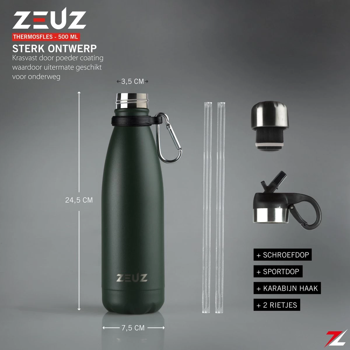 ZEUZ® Premium RVS Thermosfles & Drinkfles - Isoleerfles – Waterfles Met Rietje - BPA Vrij – 500 Ml - Mat Groen 4 ZEUZ® Premium RVS Thermosfles & Drinkfles - Isoleerfles – Waterfles Met Rietje - BPA Vrij – 500 Ml - Mat Groen - Afbeelding 2