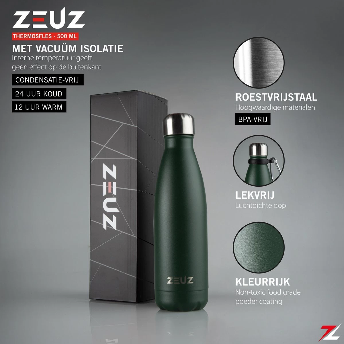 ZEUZ® Premium RVS Thermosfles & Drinkfles - Isoleerfles – Waterfles Met Rietje - BPA Vrij – 500 Ml - Mat Groen 5 ZEUZ® Premium RVS Thermosfles & Drinkfles - Isoleerfles – Waterfles Met Rietje - BPA Vrij – 500 Ml - Mat Groen - Afbeelding 3