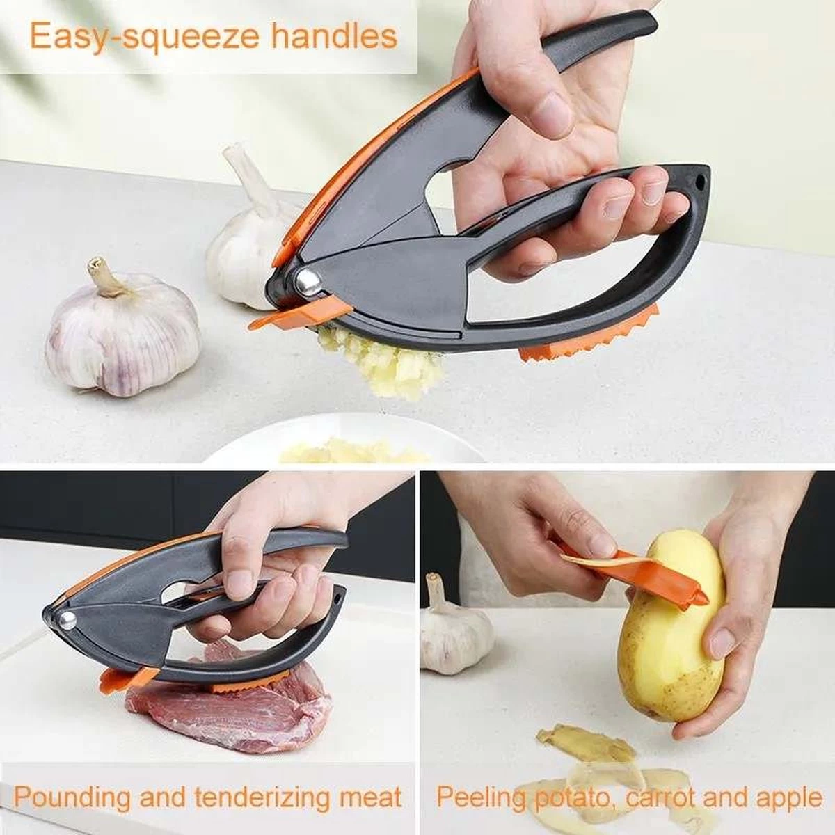 Merkloos Knoflookpers/Aardappel Schiller/Vlees Hamer - 3 In 1 - Vaatwasser Bestendig - Zwart/Oranje 4 Merkloos Knoflookpers/Aardappel Schiller/Vlees Hamer - 3 In 1 - Vaatwasser Bestendig - Zwart/Oranje - Afbeelding 2