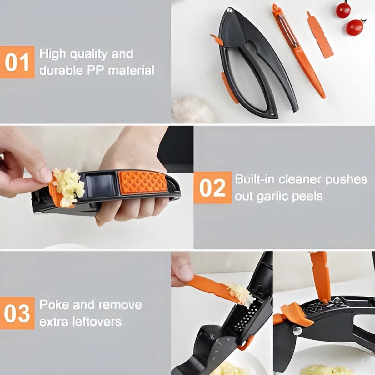 Merkloos Knoflookpers/Aardappel Schiller/Vlees Hamer - 3 In 1 - Vaatwasser Bestendig - Zwart/Oranje 6 Merkloos Knoflookpers/Aardappel Schiller/Vlees Hamer - 3 In 1 - Vaatwasser Bestendig - Zwart/Oranje - Afbeelding 4